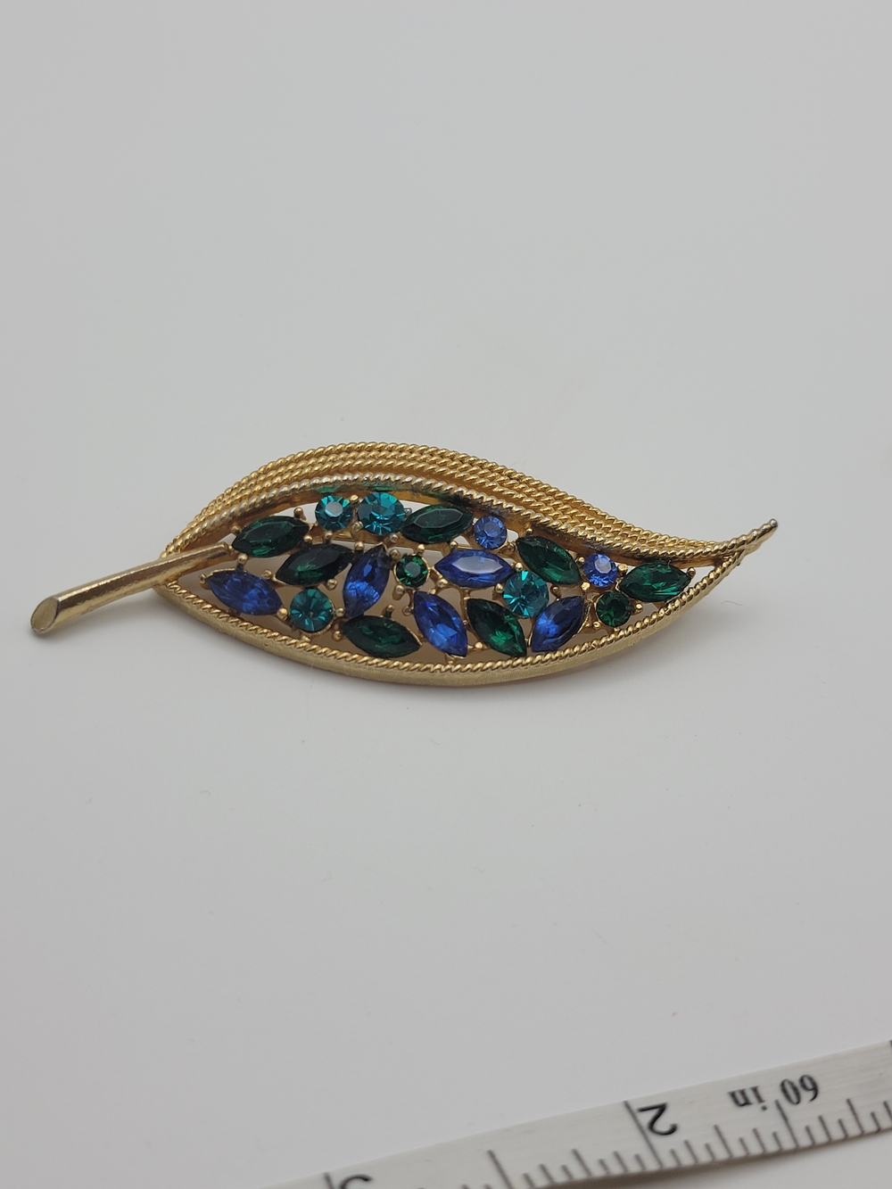 Gold Tone Leaf Brooch with Blue and Green Glass Stones